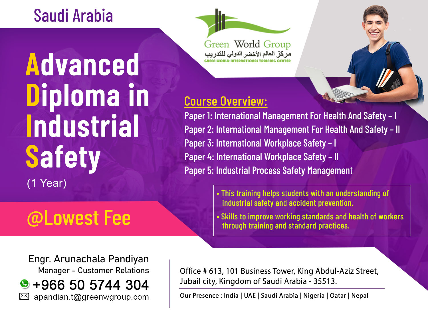 Enroll Advanced Diploma In Industrial Safety Course In Saudi Arabia Green World Group 